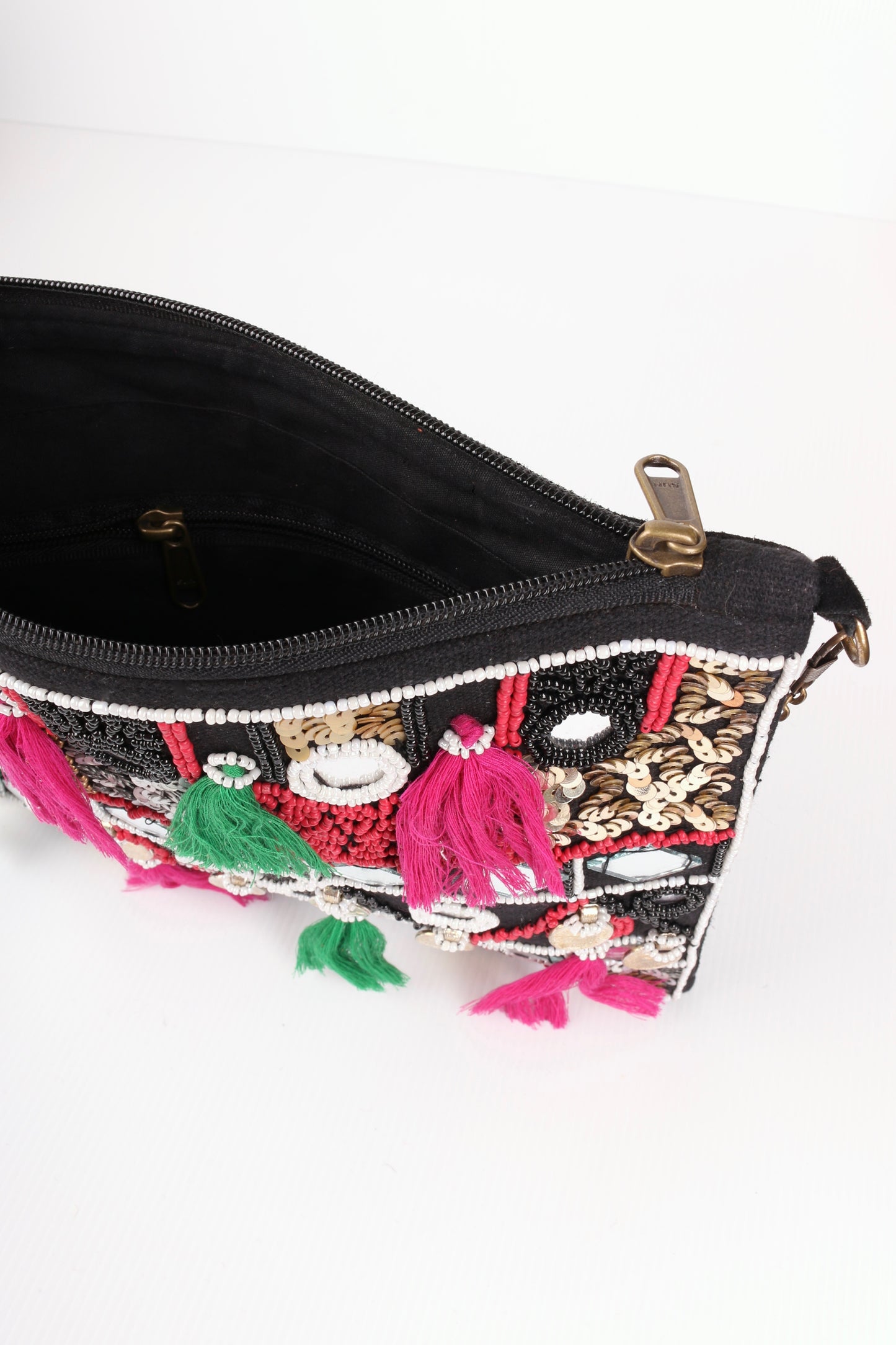 Persia Bag- tassle, beading and mirror embellished bag with black 100% suede leather body.
