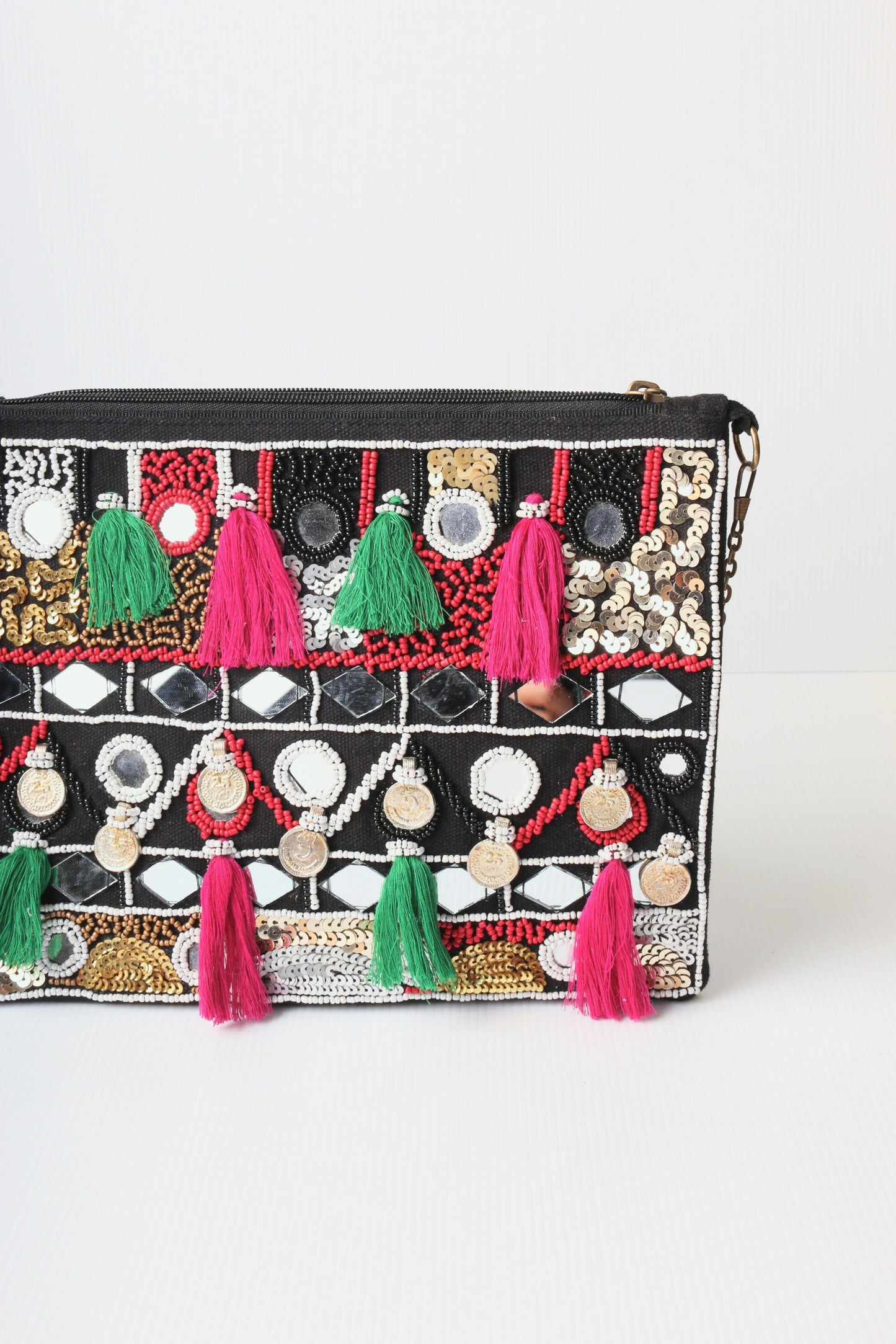 Persia Bag- tassle, beading and mirror embellished bag with black 100% suede leather body.