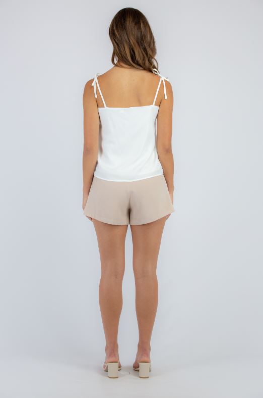 Square neck white cami with extra thin shoulder tie straps. 